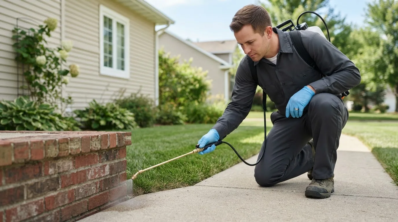 Pest control technician treating a home near Strattanville, PA